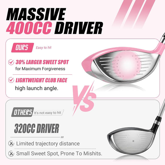 Kids Golf Clubs Set for Ages 9-12,Right Left Handed 9 Piece Set with 400cc Driver,Hybrid,7 Iron,9 Iron,Putter,Stand Bag & Practice Mat,Junior Youth Golf Clubs for Height 4'4"-4'10",Pink Blue