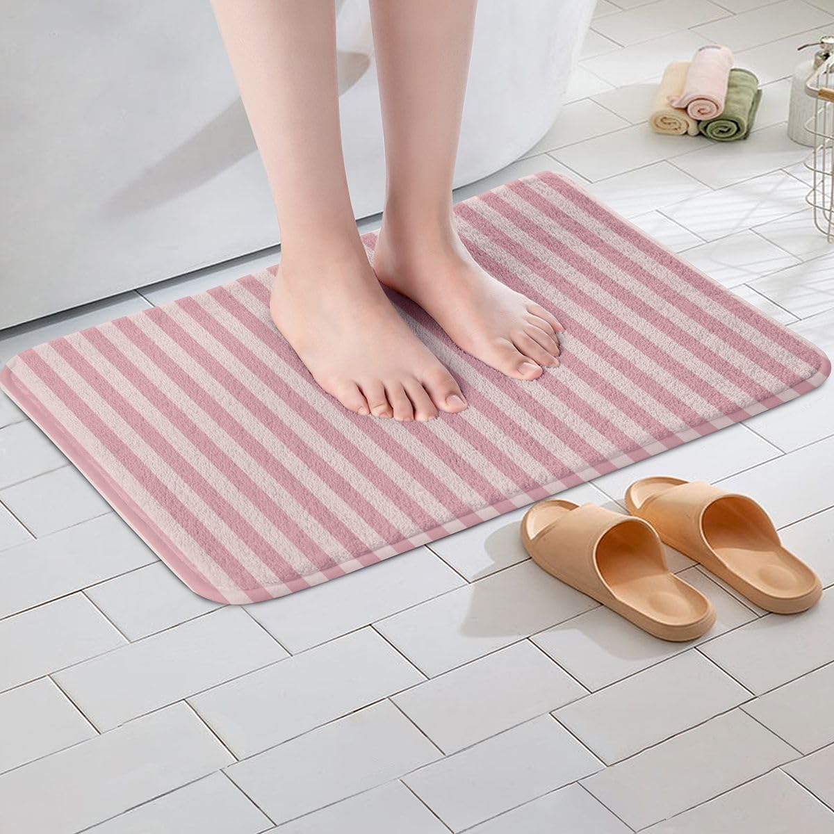 Feelyou Stripes Bathroom Rugs Pink Abstract Bath Mats Geometric Bathroom Accessories Luxury Floor Doormats 16"x24" Soft Microfiber