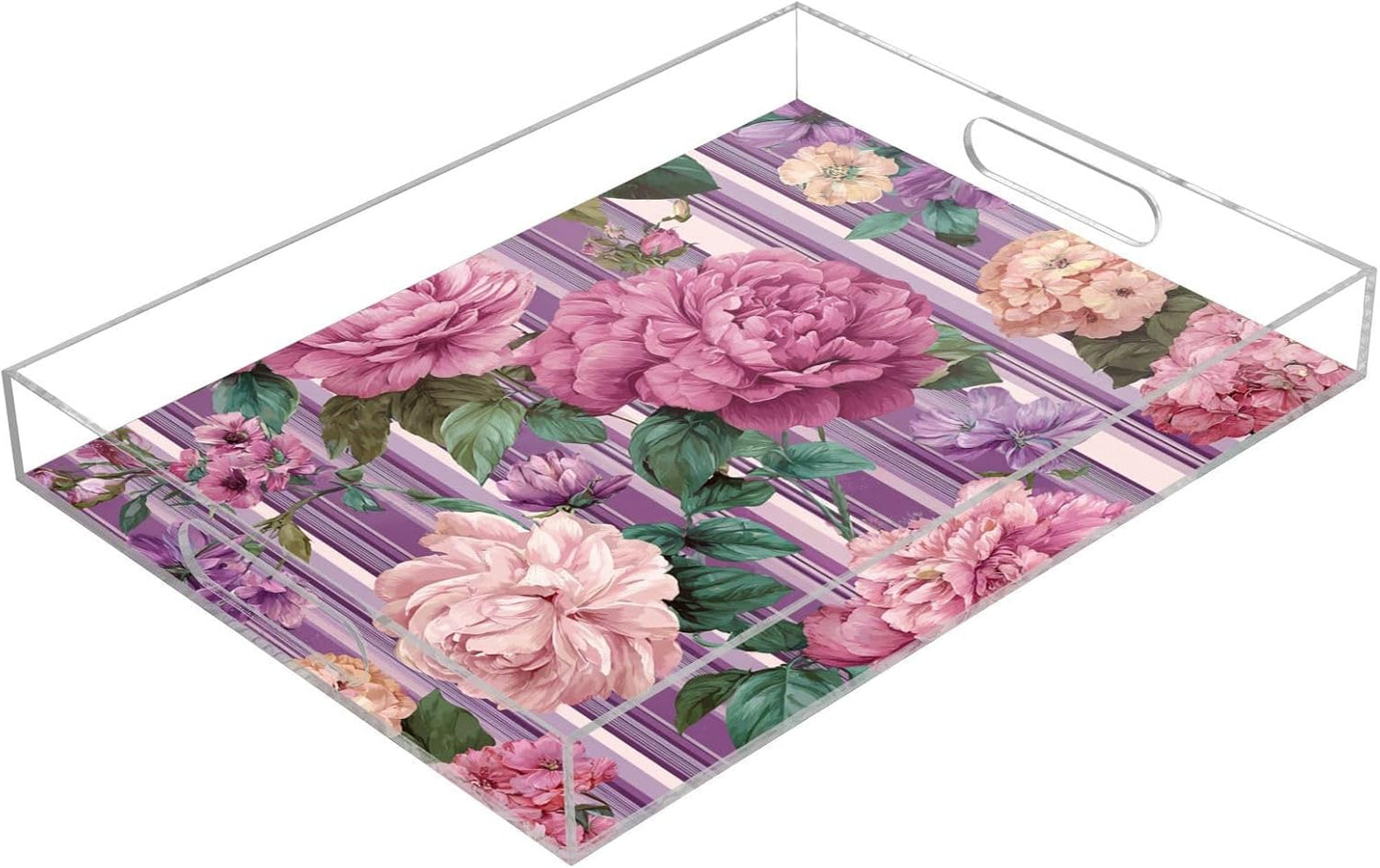 Romantic Retro Pink Striped Roses 15.7 x 11.8 in Acrylic Serving Decorative Tray with Handles 1 Pcs Large Plastic Food Snack Trays Coffee Table Tray for Kitchen Bed Bathroom Breakfast Eating