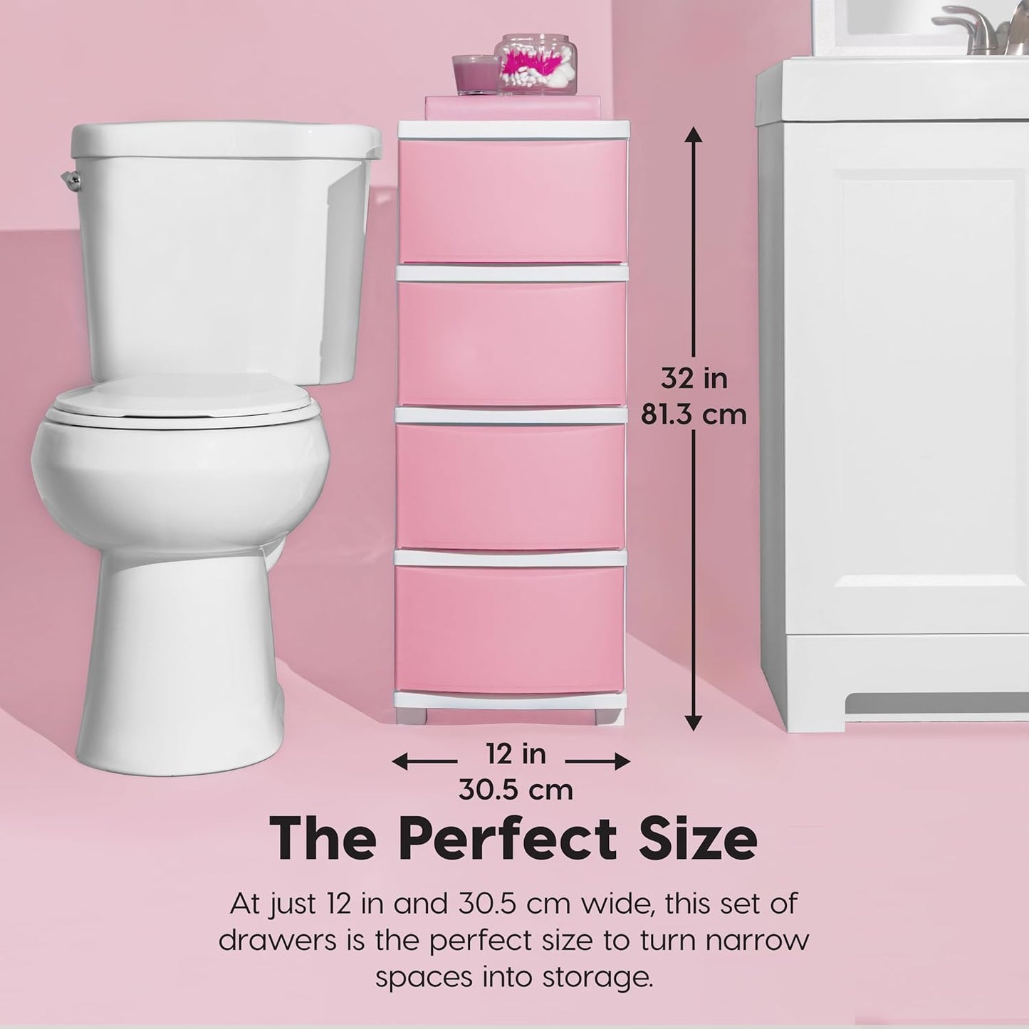 IRIS USA Plastic Drawer Storage Organizer, 4-Drawers, for Classroom Art Supplies Bathroom Dorm Bedroom Laundry Room, Slim Narrow, White Frame with Matte Pink Front Panels