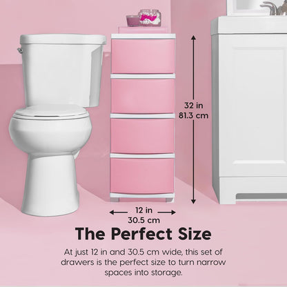 IRIS USA Plastic Drawer Storage Organizer, 4-Drawers, for Classroom Art Supplies Bathroom Dorm Bedroom Laundry Room, Slim Narrow, White Frame with Matte Pink Front Panels