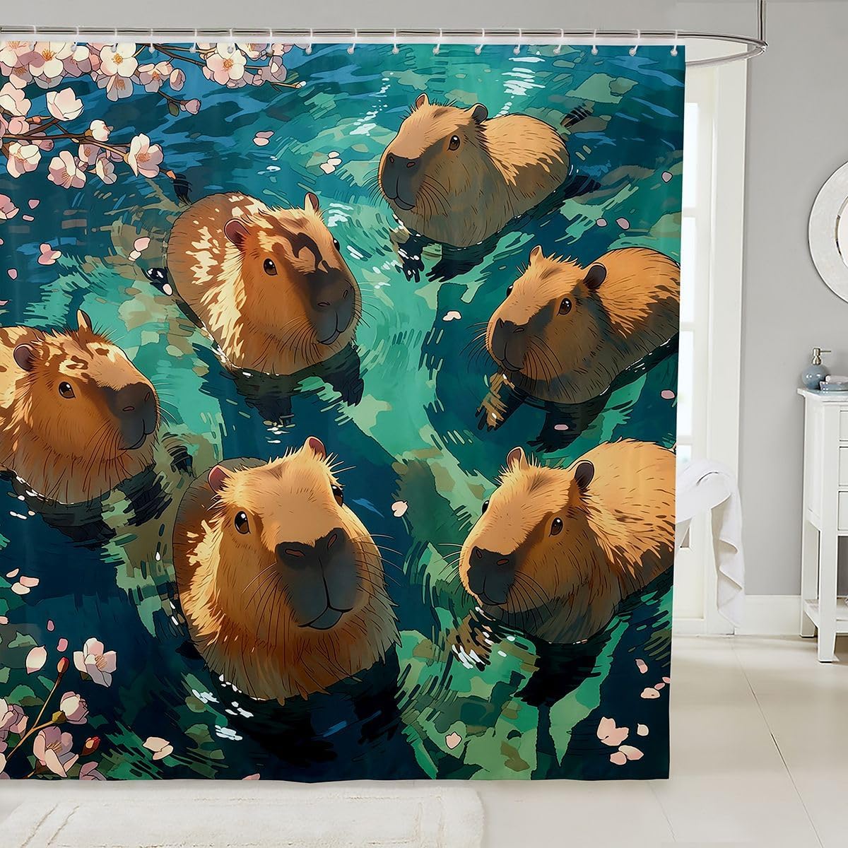 Erosebridal Funny Capybaras Shower Curtain 72" W X 72" L Pink Cherry Blossom Petals Bath Curtain Cute Wildlife Animals Bathroom Accessories for Kids Adults Teal Ombre Fabric Shower Curtains