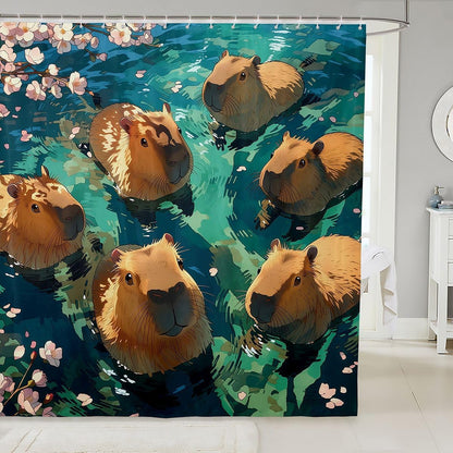 Erosebridal Funny Capybaras Shower Curtain 72" W X 72" L Pink Cherry Blossom Petals Bath Curtain Cute Wildlife Animals Bathroom Accessories for Kids Adults Teal Ombre Fabric Shower Curtains
