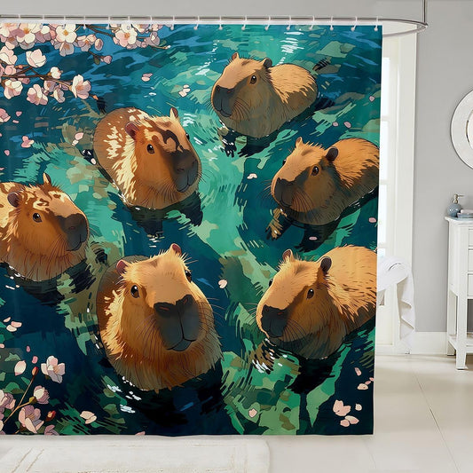 Erosebridal Funny Capybaras Shower Curtain 72" W X 72" L Pink Cherry Blossom Petals Bath Curtain Cute Wildlife Animals Bathroom Accessories for Kids Adults Teal Ombre Fabric Shower Curtains