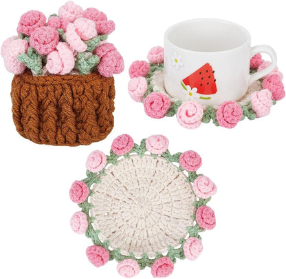 Handmade Flower Crochet Coaster Set Wool Yarn Hot Pads with Flower Basket Hand-Crocheted Rose Coaster Soft Decorative Drink Coasters for Coffee Tabletop Protection Home Decor Pearl Pink