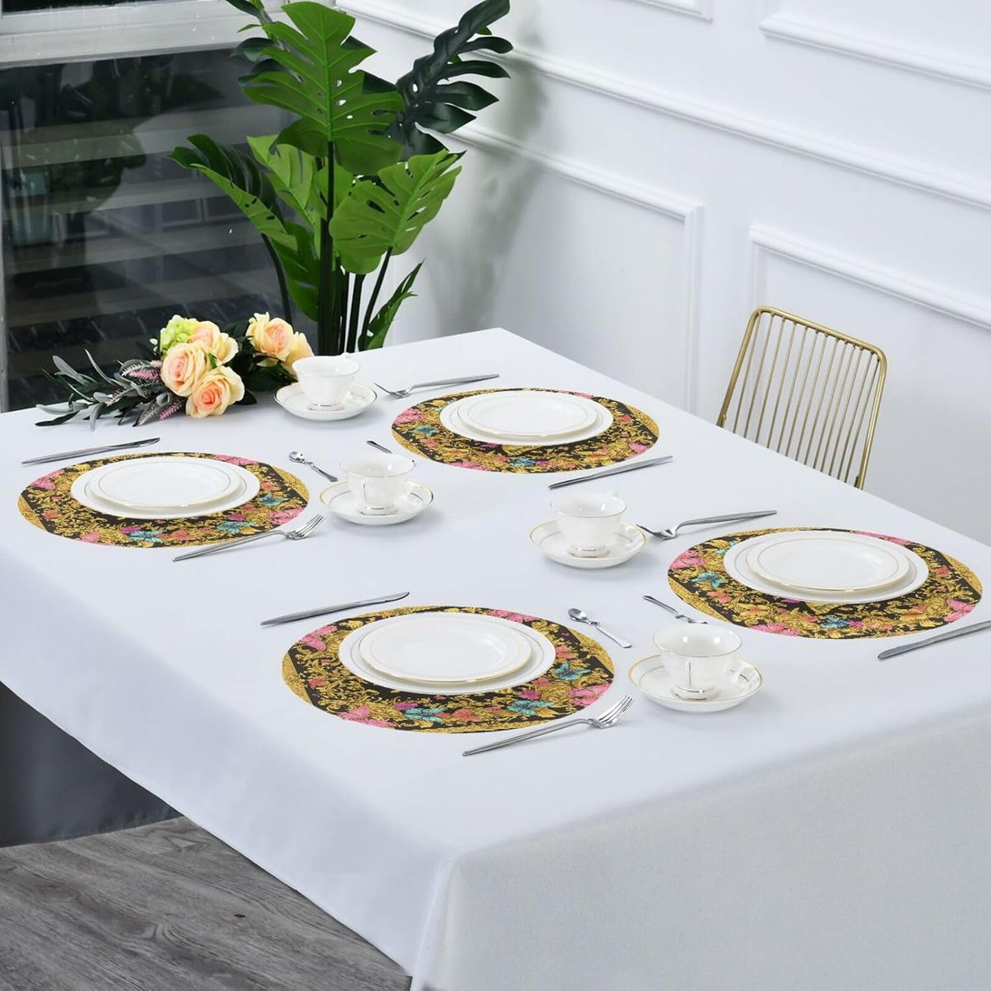 Retro Butterflies Pattern Gold and Peach Summer Round placemats Reversible Quilted placemat placemat Washable Wipe Clean placemats for Dining Table placemats Heat Resistant Waterproof Dinning