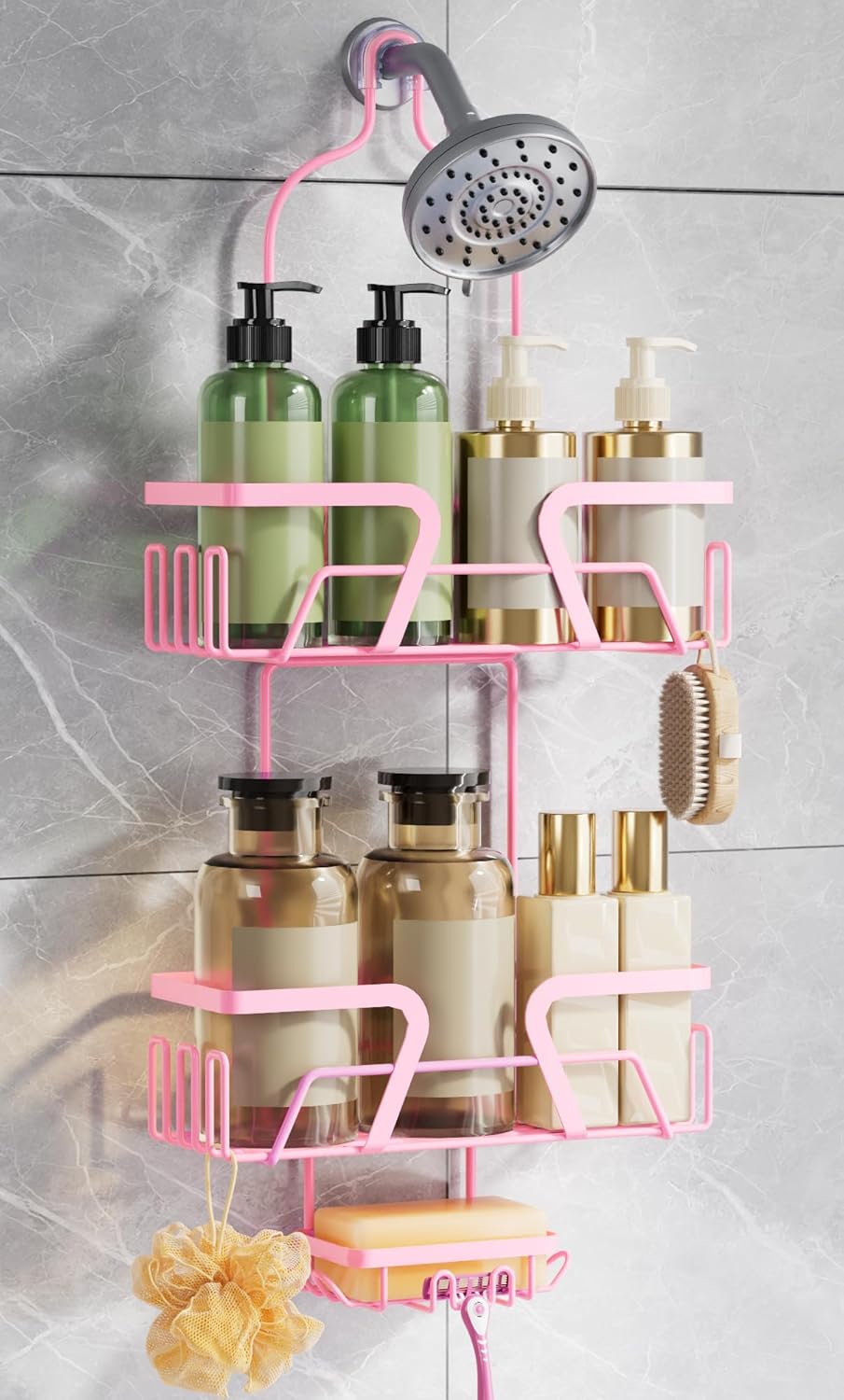 DAOYA Shower Caddy Hanging, Pink Over the Shower Head Caddy with Soap Holder, Bathroom Organizer with Hooks for Razors and Bath Sponges