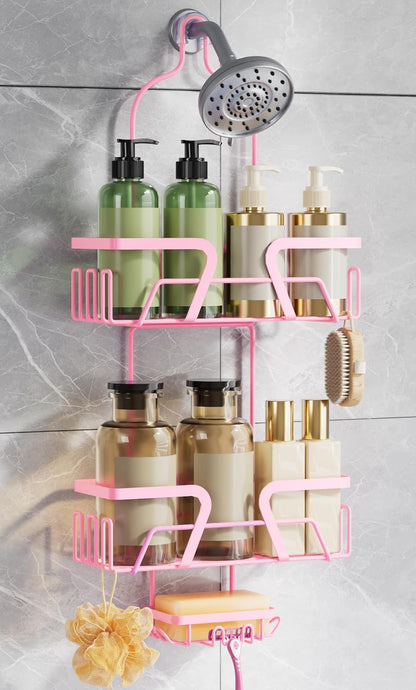 DAOYA Shower Caddy Hanging, Pink Over the Shower Head Caddy with Soap Holder, Bathroom Organizer with Hooks for Razors and Bath Sponges