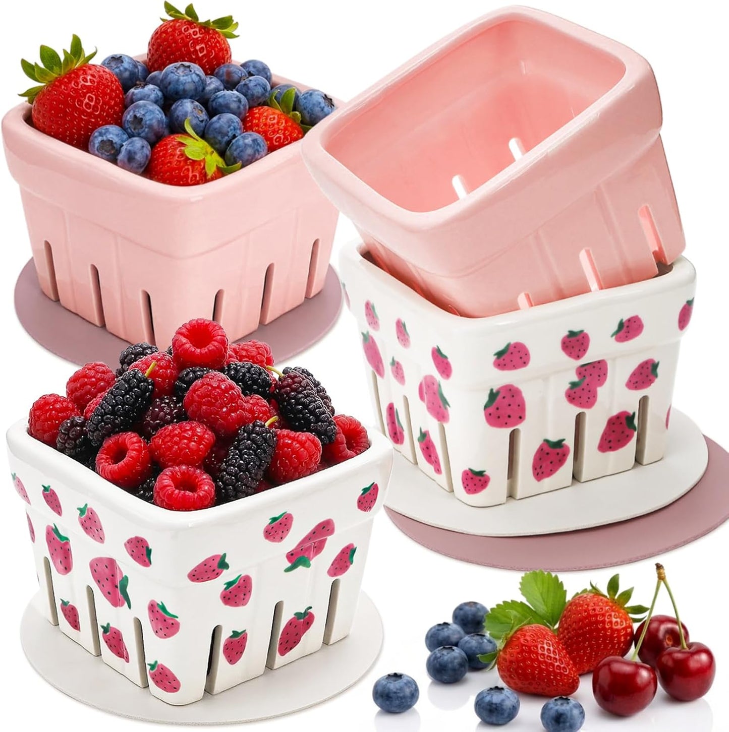 Pumtus 4 Pack Ceramic Berry Baskets, 4.7" Square Fruit Bowl with Holes & Pads, Pink White Fridge Berry Container, Decorative Strawberry Grape Cherry Colander, Fruit Crate Holder for Gift Kitchen