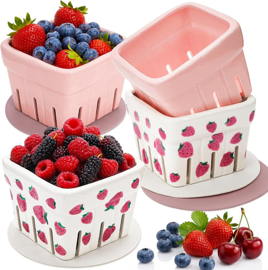Pumtus 4 Pack Ceramic Berry Baskets, 4.7" Square Fruit Bowl with Holes & Pads, Pink White Fridge Berry Container, Decorative Strawberry Grape Cherry Colander, Fruit Crate Holder for Gift Kitchen