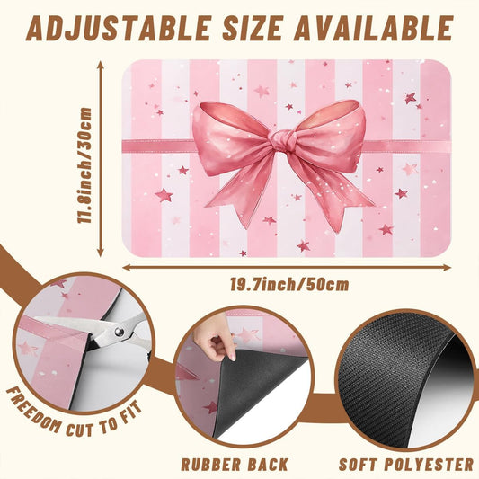 Pink Bow Dish Drying Mat for Kitchen Counter 2 Pack Bowknot Cute Dreamy Ribbon Romantic Absorbent Draining Pad, Non-Slip Coffee Bar Mats for Coffee Machine Station Accessories 12"L x 20"W