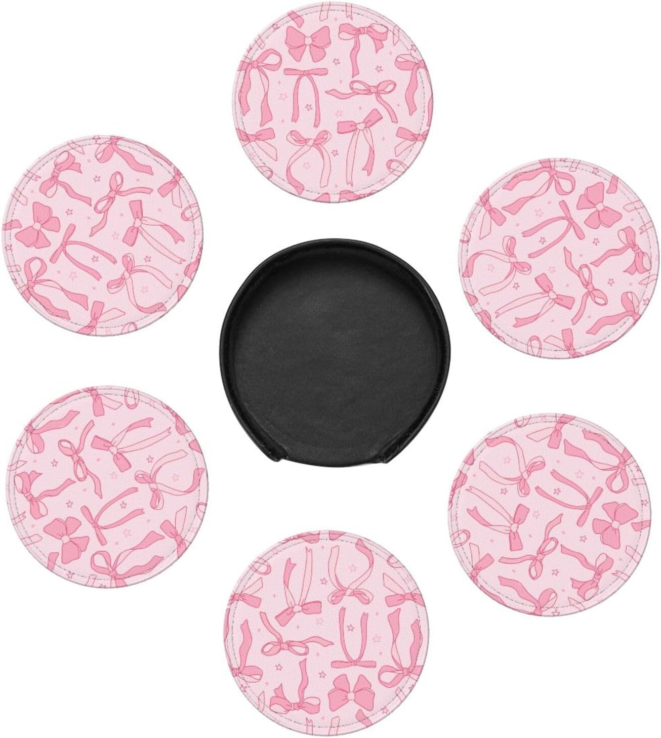 6 Pcs Pink Cute Ribbon Bow Drink Coasters with Holder Coasters for Drinks Coffee Table Home Decor Housewarming Gift