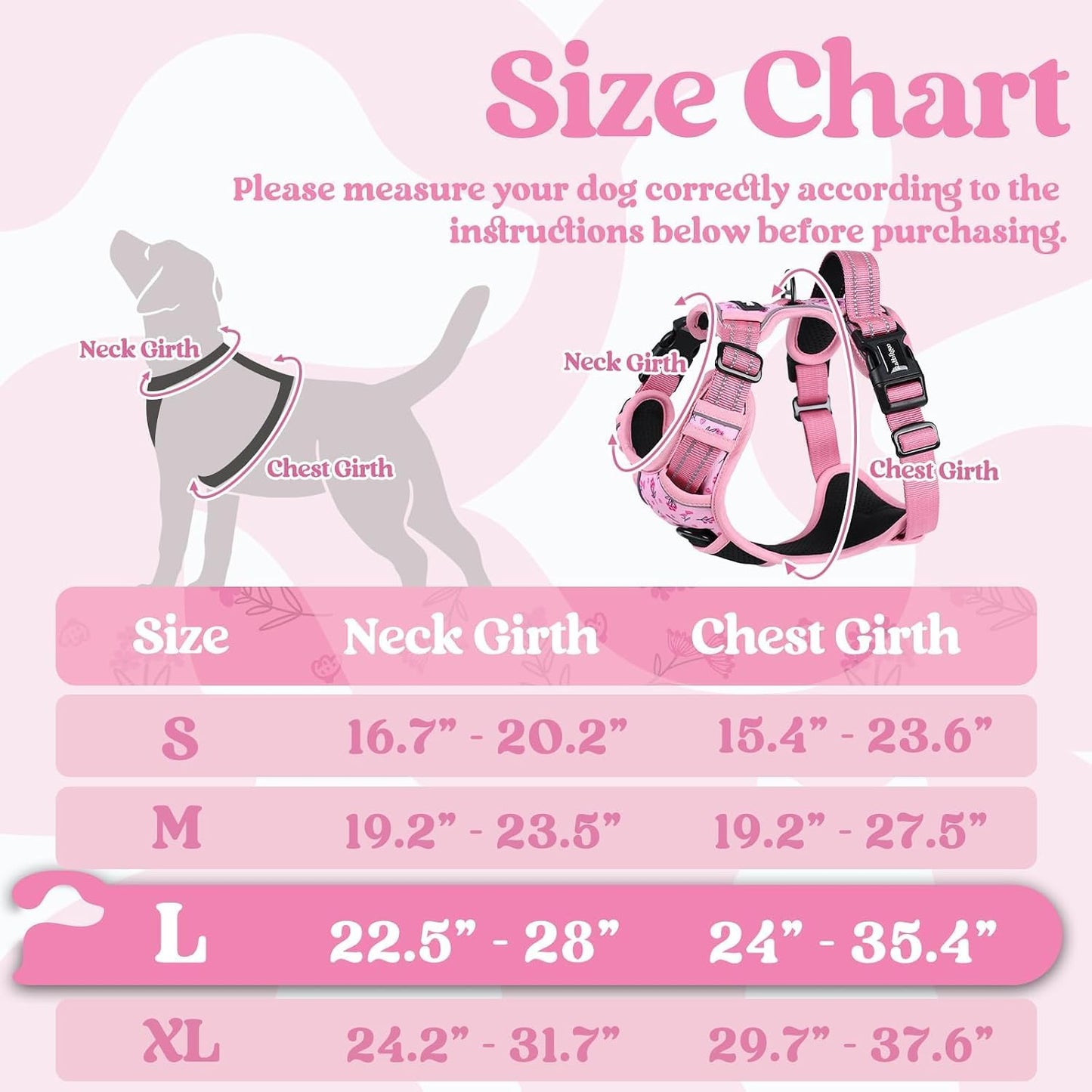rabbitgoo Dog Harness for Large, No Pull Easy On & Off with 3 Buckles Pet Harness, Adjustable Soft Walking Vest with 2 Clips and Handle, Reflective for Large Dogs, Floral Pink, L