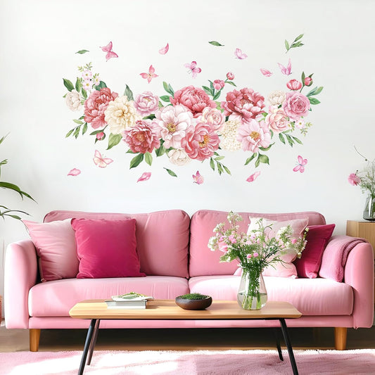 Peony Watercolor Wall Stickers Pink & White Floral Wall Decals Botanical Peel and Stick Wall Art Decor for Girls Bedroom Nursery