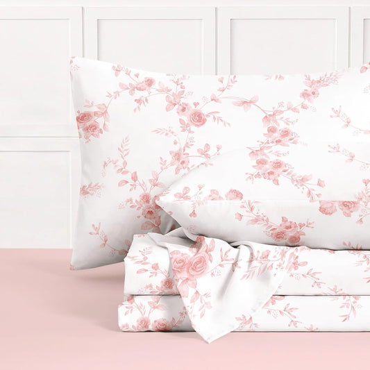 Wake In Cloud - Floral Bed Sheets, 4-Piece Sheet Set, Flower Shabby Chic Rose Pattern Printed Coquette Cottagecore Farmhouse Vintage Bedding, Deep Pocket, Pink White, Full Size
