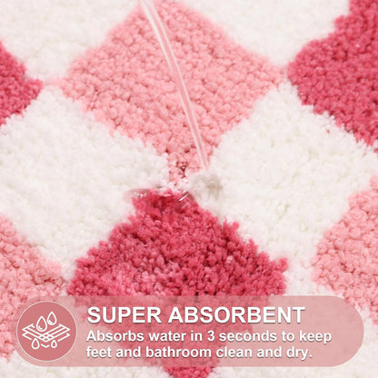 ORTIGIA Cute Pink Checkered Scalloped Bath Mat, Fun Plush Microfiber Bathroom Rugs Non Slip Washable Quick Dry Absorbent, Bath Rug Carpet for Shower Stall Vanities Kitchen Floor Entrance, 20x32