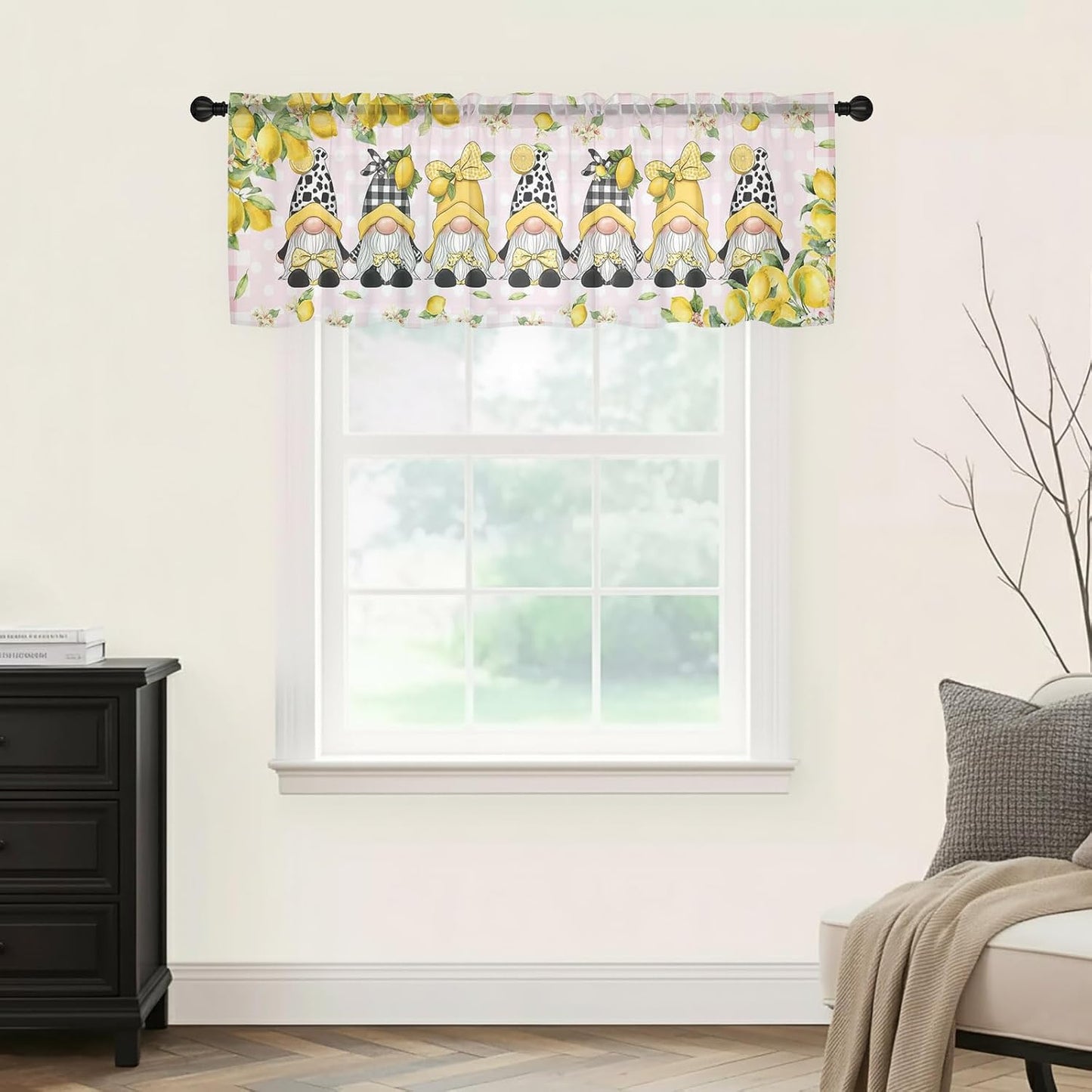 Lemon Gnomes Sheer Curtains Valances for Windows Summer Fruits Botanical Pink Plaid Chiffon Kitchen Valances for Cafe, Rod Pocket Voile Window Treatments Curtains for Living Room Bedroom, 54"x18"