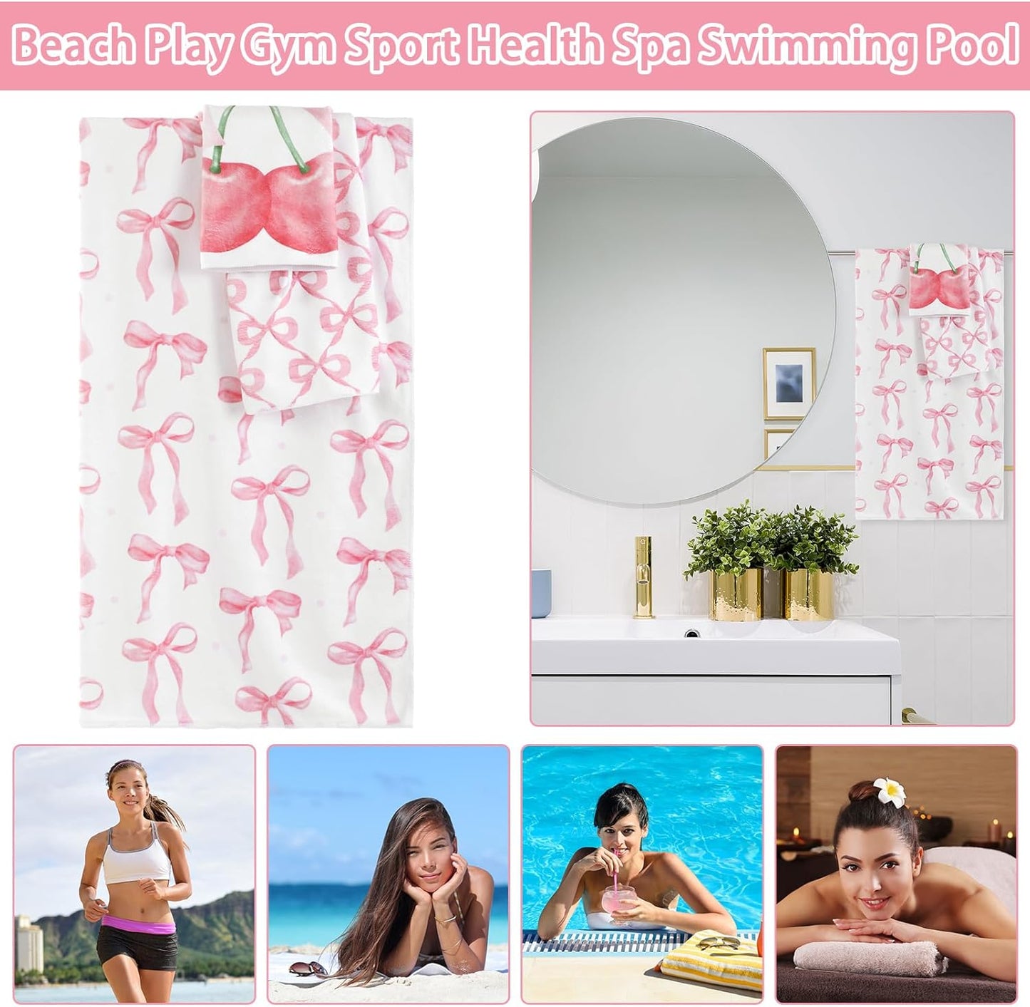 VitalCozy Set of 6 Pink Bow Bathroom Towels Set Coquette Cute Bow Beach Towel for Woman Pink Bathroom Decor Pool Bath Supplies for Swimming Sport Shower Hotel Supplies