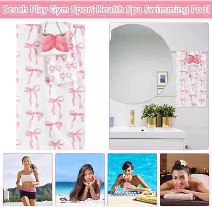 VitalCozy Set of 6 Pink Bow Bathroom Towels Set Coquette Cute Bow Beach Towel for Woman Pink Bathroom Decor Pool Bath Supplies for Swimming Sport Shower Hotel Supplies