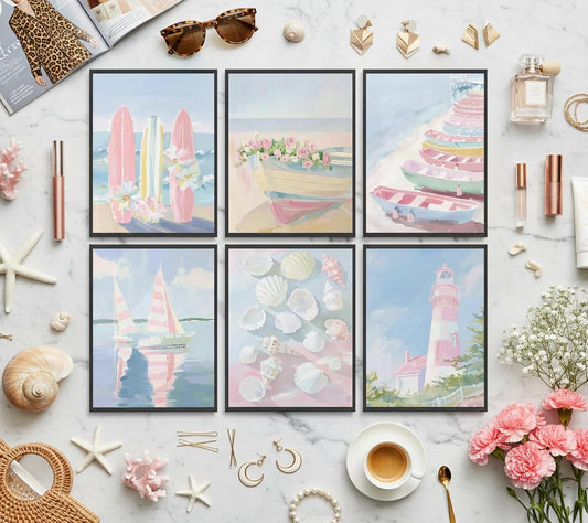 6Pcs Pink Coastal Canvas Wall Art, Preppy Seaside Sailboats Painting Pictures Wall Decor, Trendy Beach Surfboard Poster Print Artworks for Girly Living Room, Dorm, Home Decoration 8x10in Unframed