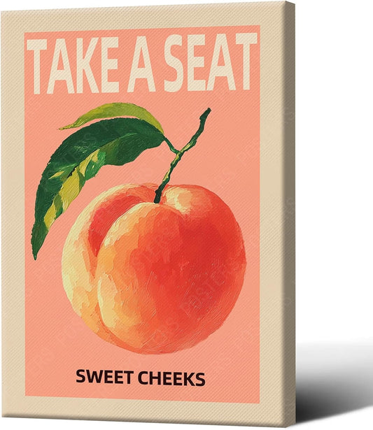 Take A Seat Sweet Cheeks Poster Funny Bathroom Wall Art Vintage Cute Pink Peach Fruit Canvas Print Funky Home Dorm Room Bathrooms Decor Picture 12X18 in Unframed-Canvas Rolled Up