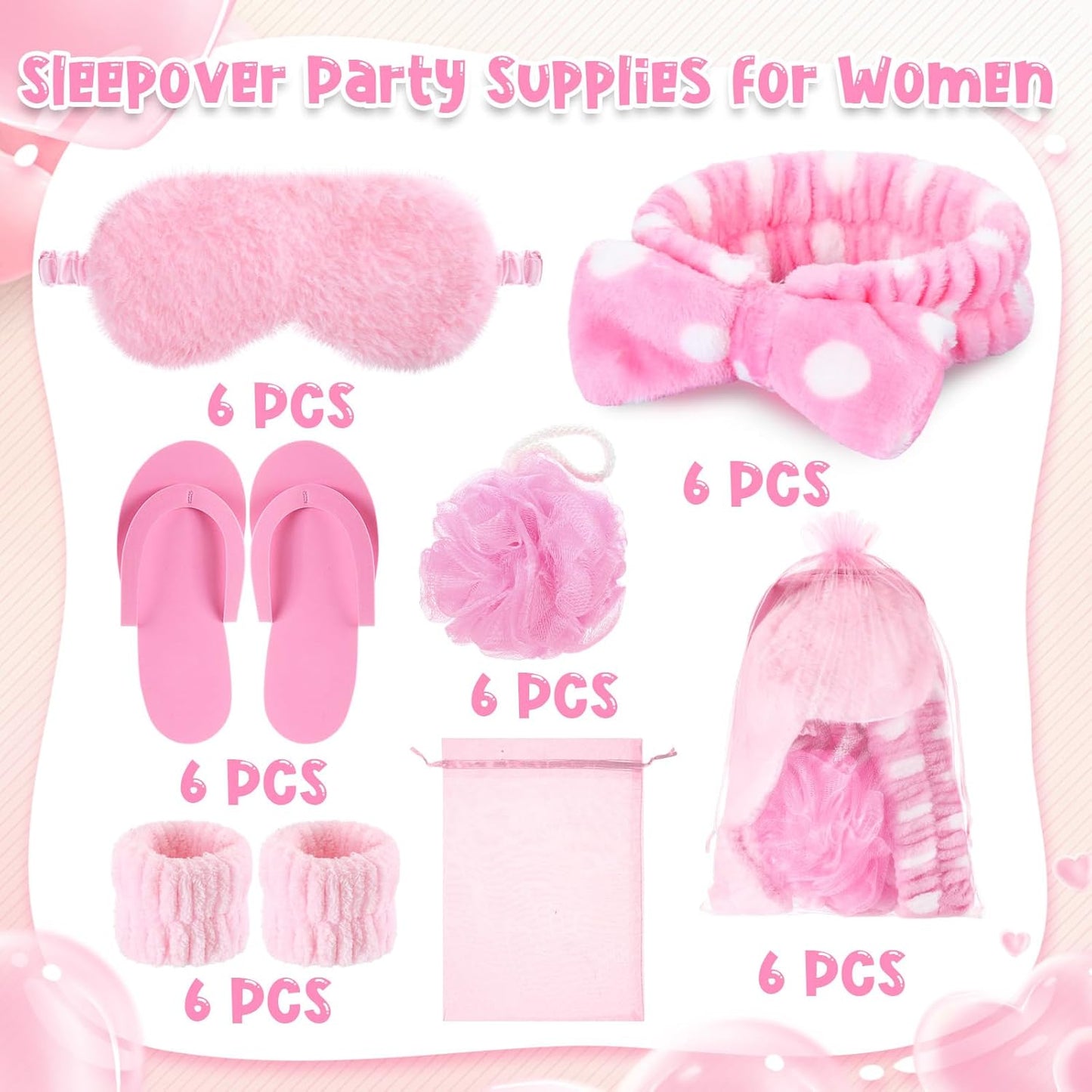 Moucuny 42 Pcs Summer Spa Sleepover Party Supplies Bulk for Women Include 6 Pink Hairbands 6 Eye Masks 12 Wristbands 6 Bath Loofahs 6 Pairs Disposable Slippers 6 Organizer Bags(Bright)