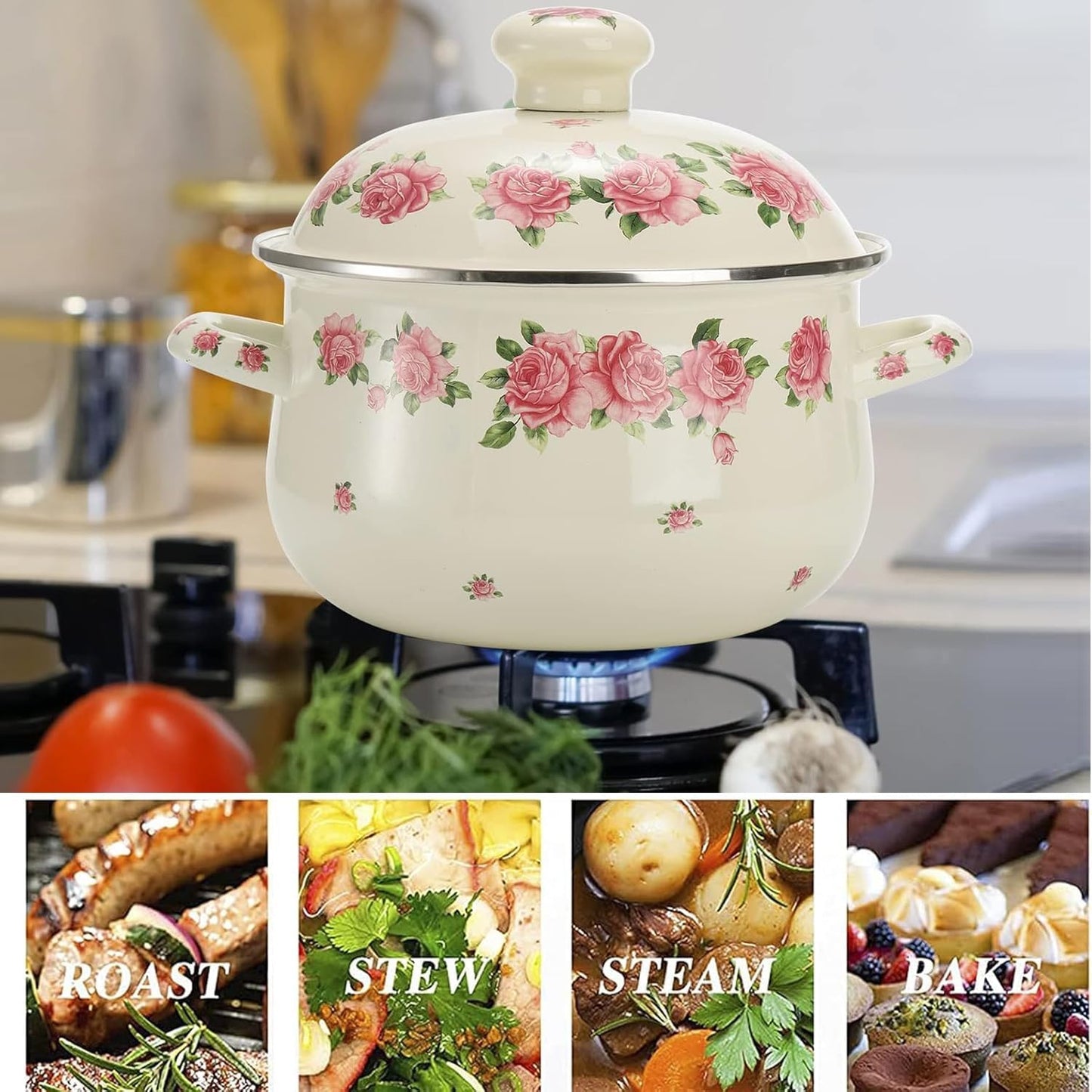 Retro Flower Enamel Stockpot with Lid,Stockpots for Cooking (Rose pink -3QT)