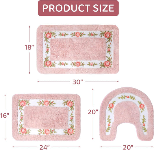Rose Bathroom Rugs Sets 3 Piece,Flower Bath Carpet, Soft Absorbent Microfiber Floral Bath Rugs and U-Shaped Contour Toilet Rug Area Rug Set, Coquette Bath Mat Set for Bathroom, Pink