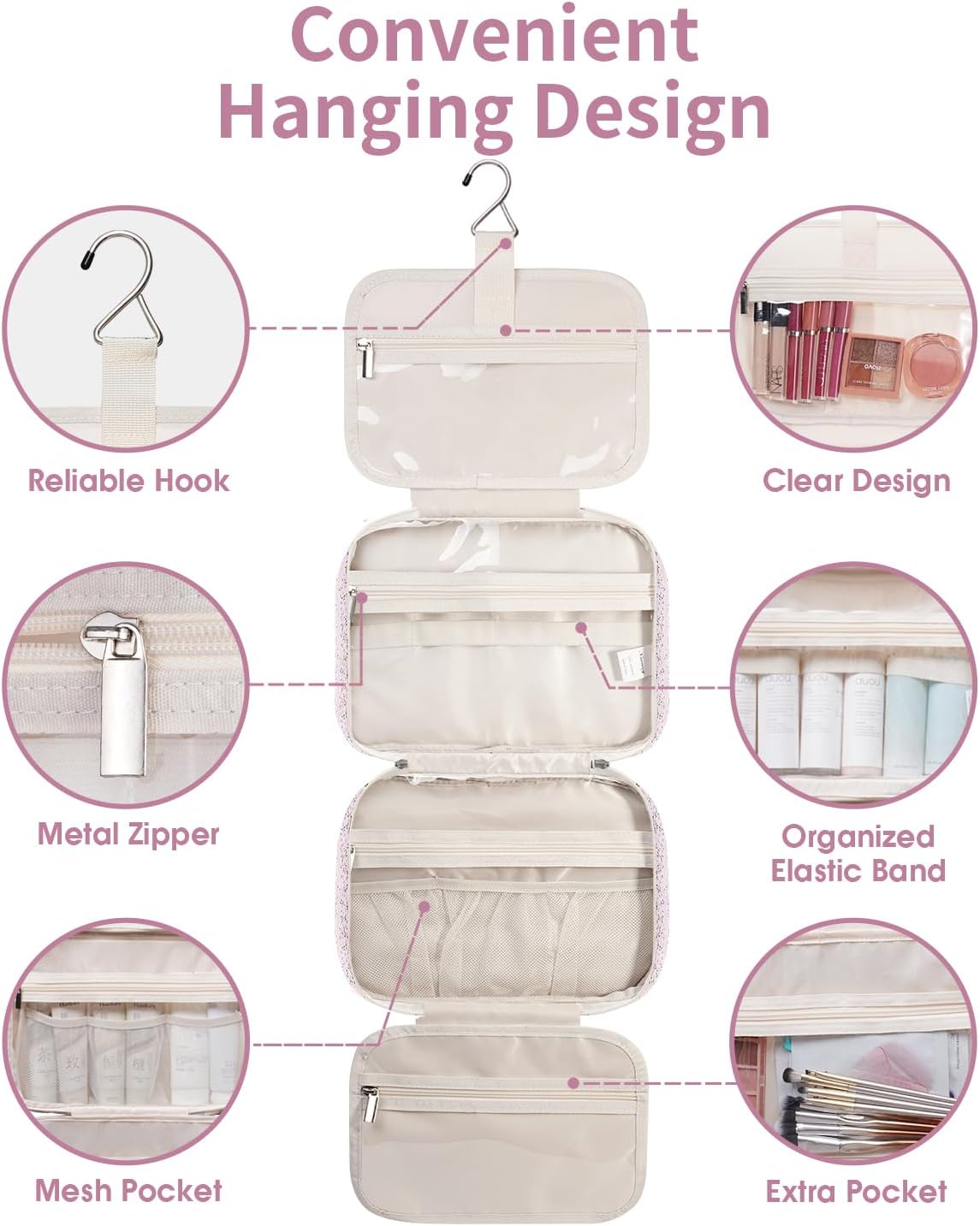Narwey Travel Toiletry Bag for Women Large Hanging Makeup Bag Organizer Toiletries Bag for Full Size Essentials Accessories Cosmetics (Pink Flower Buds (Large))