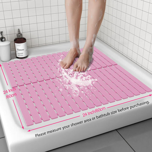 Shower Mat Non-Slip Bath Mat for Tub and Shower Stall,236 Suction Cups with Drain Holes, Quick Dry Machine Washable, Extra Grip for Stand Up Showers, Bathroom Essentials 24x24 Inch (Pink)