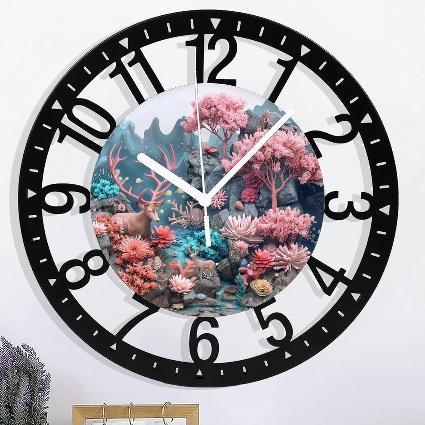 Metal Wall Clock for Living Room -10" Deer Among Pink Trees Coral Stream Silent Non Ticking,Battery Operated, Antique Clocks for Farmhouse,Bedroom,Kitchen - Arabic Numerals