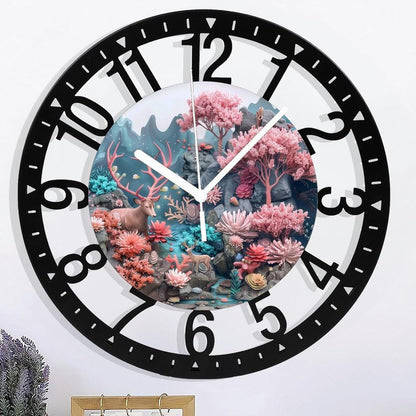 Metal Wall Clock for Living Room -10" Deer Among Pink Trees Coral Stream Silent Non Ticking,Battery Operated, Antique Clocks for Farmhouse,Bedroom,Kitchen - Arabic Numerals