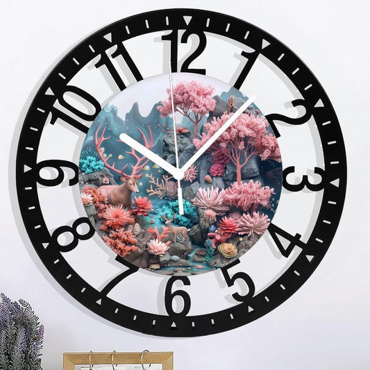 Metal Wall Clock for Living Room -10" Deer Among Pink Trees Coral Stream Silent Non Ticking,Battery Operated, Antique Clocks for Farmhouse,Bedroom,Kitchen - Arabic Numerals