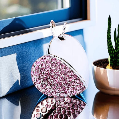 64GB USB 3.0 Flash Drive Diamond Heart with Necklace Memory Stick High Speed Data Storage Pink