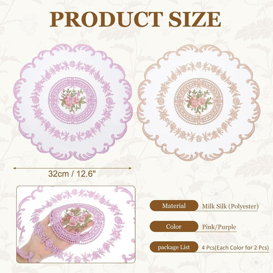 uxcell 4Pcs Retro Lace Placemats, 12.6" Vintage Table Doilies Dining Table Place Mats Lace Embroidered Place Mats French Crochet Doilies for Wedding Home Kitchen Decoration, Pink/Purple
