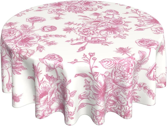 Pink Chinoiserie Round Tablecloth 70 Inch Pink Floral Toile Chinoiserie Decor Table Cloth Vintage Flowers Polyester Stain Resistance Round Table Cover for Party Picnic Kitchen Dining Outdoor