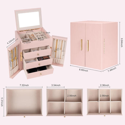 Dajasan Large Jewelry Box Organizer, Jewelry Storage with 3 Drawers, Huge Jewelry Box with Mirror, Gift Idea for Women, Girls, Double Door, Textured PU Leather Surface, Stylish (Pink + Gold)