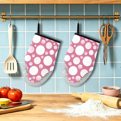 Oven Mitt 2 Pack Set Polka Dots on Pink Kitchen Mitts Gloves for for Cooking Baking Grilling