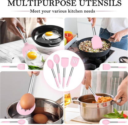 TeamFar Kitchen Utensils, 4 PCS Silicone Cooking Utensils Spatula Spoon Set with Stainless Steel Handle, for Frying Mixing Draining Turning, Healthy & Heat-proof, Non-stick & Dishwasher Safe - Pink