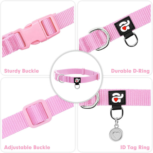 azuza Nylon Dog Collar and Leash Set, Strong & Durable Basic Style Leash and Collar with ID Tag Ring, Available in Multiple Lengths for Small Dogs, Pink,S