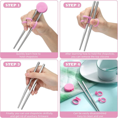 Patelai 2 Pairs Training Chopsticks for Kids, Learning Practice Chopsticks for Toddler Children Beginners Baby Non-slip Silicone Reusable Stainless Steel Metal Helper Tool(Pink)