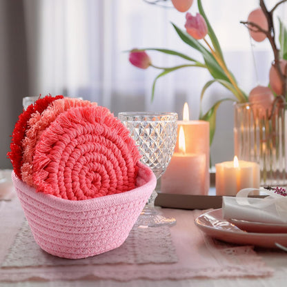 Coasters Set of 6 for Drinks Boho Absorbent Woven Cotton Coaster with Holder Farmhouse Tassel Macrame Cup Mat Housewarming Gift for Coffee Table Home Kitchen Office Decoration, 4 in(Pink)