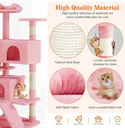 Sweetcrispy 54-Inch Cat Tree Tower – Multi-Level with Sisal Scratching Post, Perfect Pet Gift, Indoor Condo with Climbing Ladder, Plush Toy, and More Animal Stuff, Pink