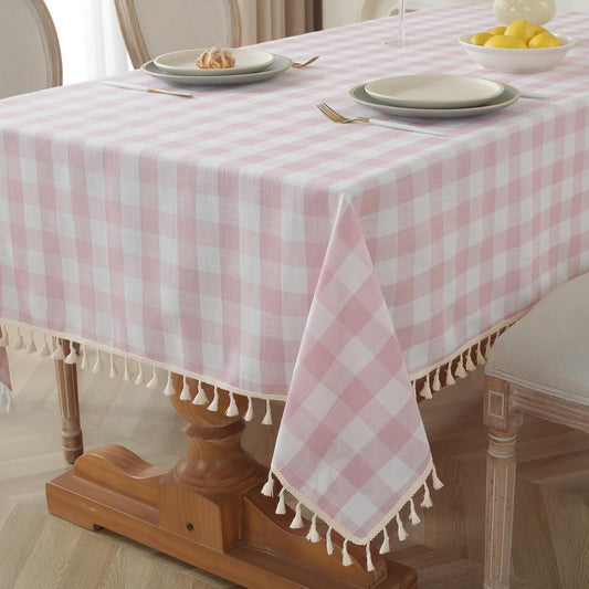 Alsoo Pink Gingham Tablecloth Rectangle 55 x 120 Inch, Washable Checkered Plaid Table Cloth Heavy Duty Linen Cotton Fabric for Summer Outdoor Picnic Party Dining