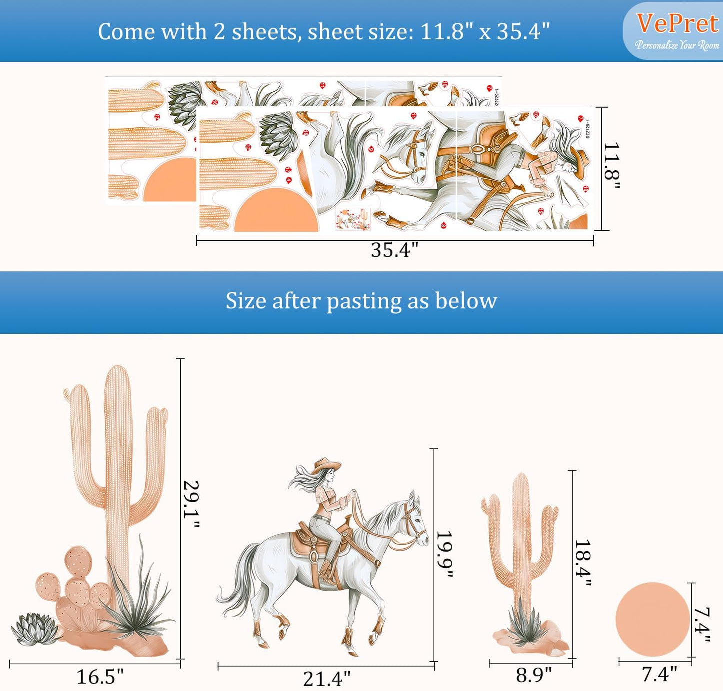 Cowgirl Horse Wall Decals Peel and Stick - Boho Cactus Sun Western Girl Riding Horse Vinyl Sticker Mural for Kids Room, Nursery, Bedroom - Desert Safari Animal Theme Removable Wall Art Mural