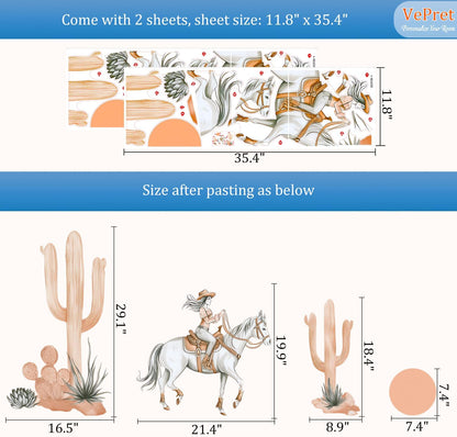 Cowgirl Horse Wall Decals Peel and Stick - Boho Cactus Sun Western Girl Riding Horse Vinyl Sticker Mural for Kids Room, Nursery, Bedroom - Desert Safari Animal Theme Removable Wall Art Mural