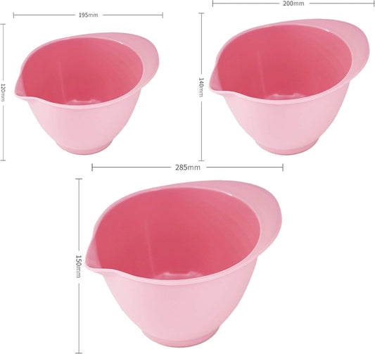 M&B GWPP Melamine Plastic Round Salad Bowl with Pouring Spout & Anti-Slip Bottom, Set of 3 assorted sizes Mixing Bowls for indoor Restaurant or Outdor Picnic and Camping. (Pink)