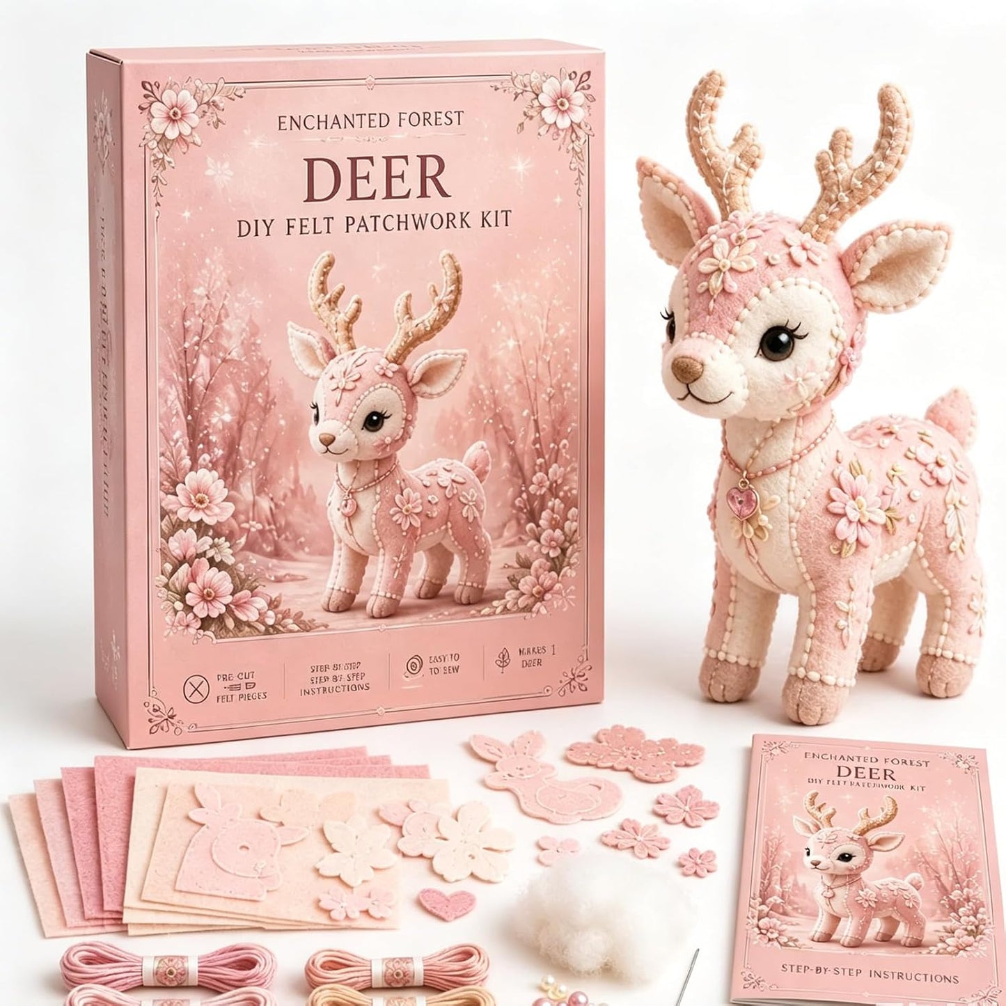Pink Woodland Friends DIY Felt Patchwork Kit, Pastoral Wild Creatures Handicraft Activity, Manual Tailoring Bundle, Textile Hobby, DIY Fabric Animal, Unique Roseate Doll Ornament (Blush Deer)