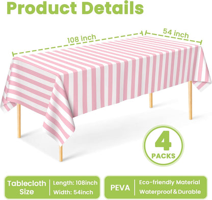 Mulbozy Plastic Table Cloth Disposable 2 Pack, 54 × 108 Inch Pink and White Stripe Tablecloths, Pink Plastic Table Cover for Carnival, Movie Night, Birthday, Halloween, Christmas Party