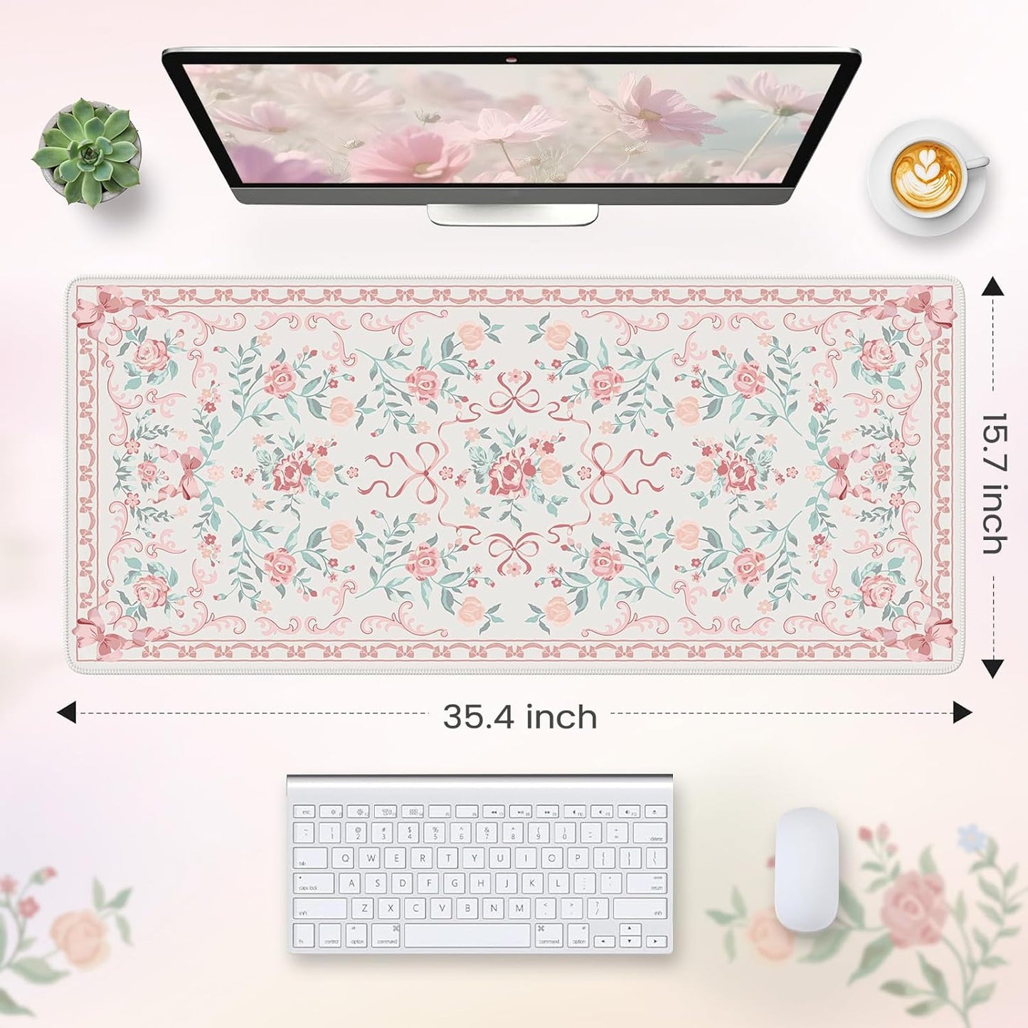 HAOCOO Pink Desktop Mat with Bow, Cute Large Mouse Pad for Office, Non-Slip Waterproof Desk Pad for Keyboard and Mouse, Floral Aesthetic Desktop Mat, Girly Home & Cubicle Supplies